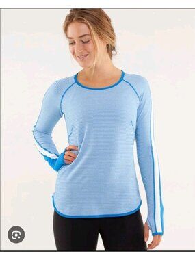 Lululemon Runder Under Long Sleeve Mini Check Pique Beaming Blue Polar Cream 6